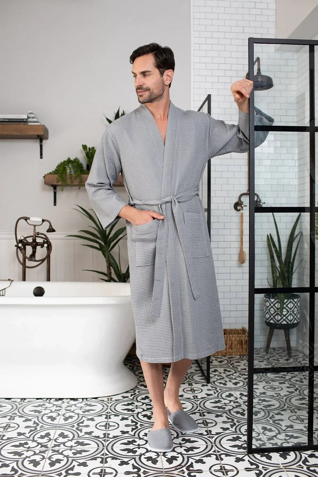 Lotus Linen Men's Lightweight Waffle Bathrobe – Kimono Collar