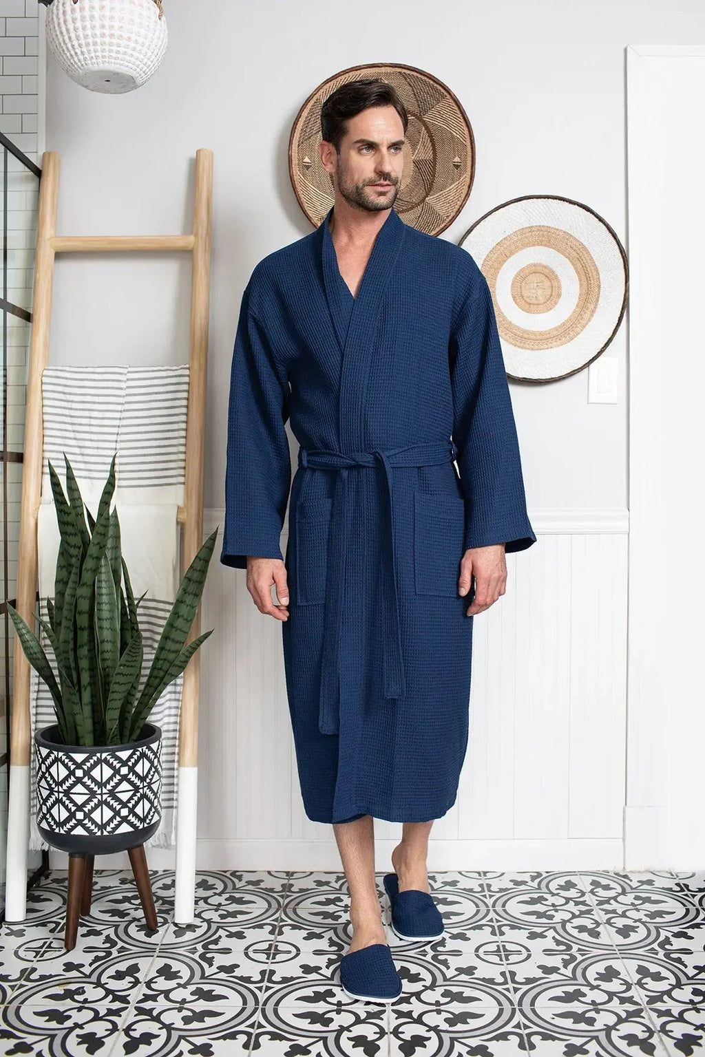 Lotus Linen Men's Lightweight Waffle Bathrobe – Kimono Collar