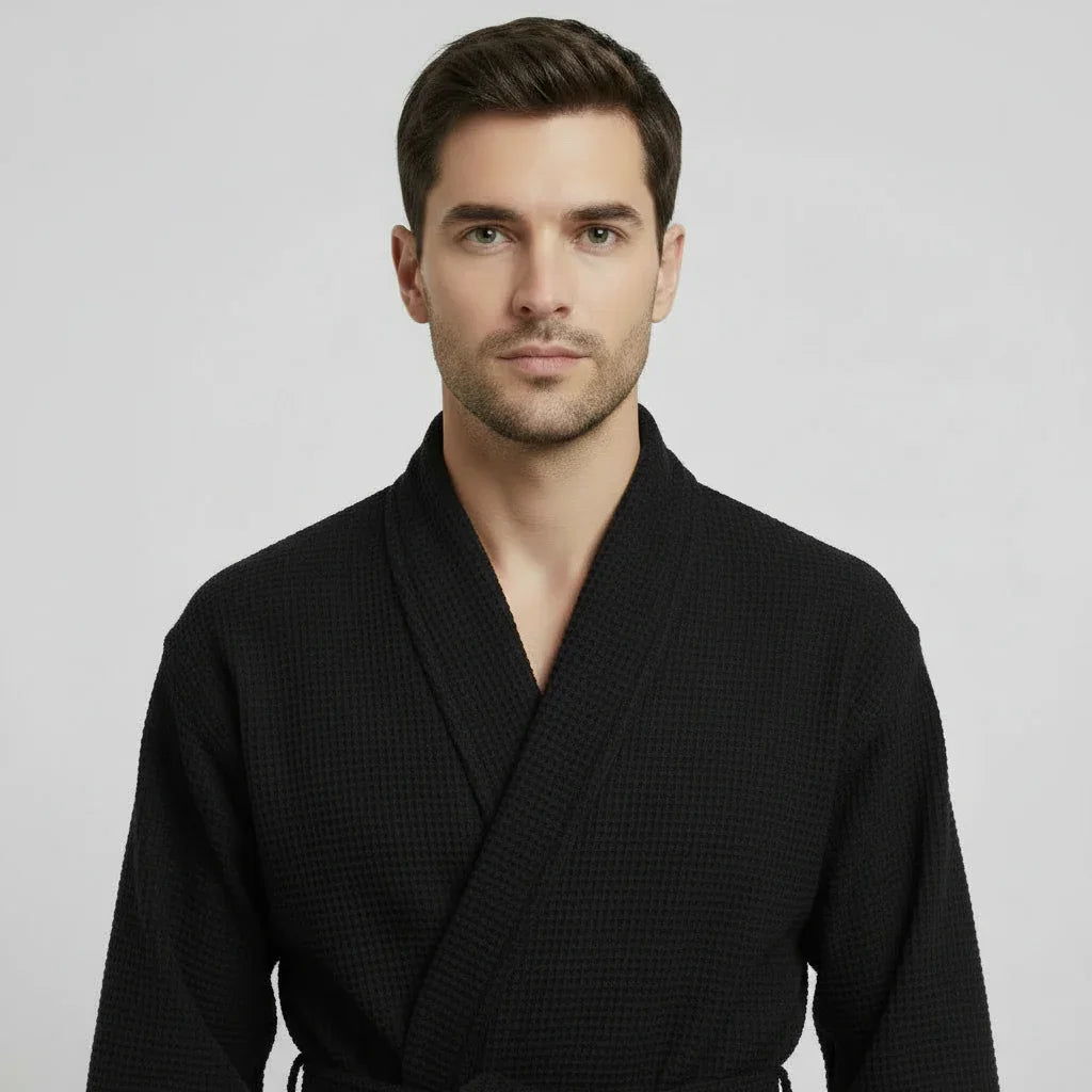 Lotus Linen Men's Lightweight Waffle Bathrobe – Kimono Collar