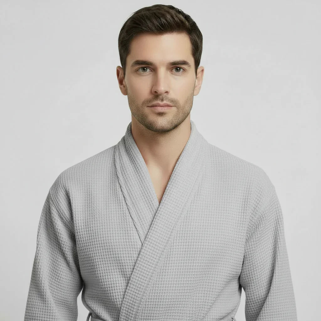 Lotus Linen Men's Lightweight Waffle Bathrobe – Kimono Collar