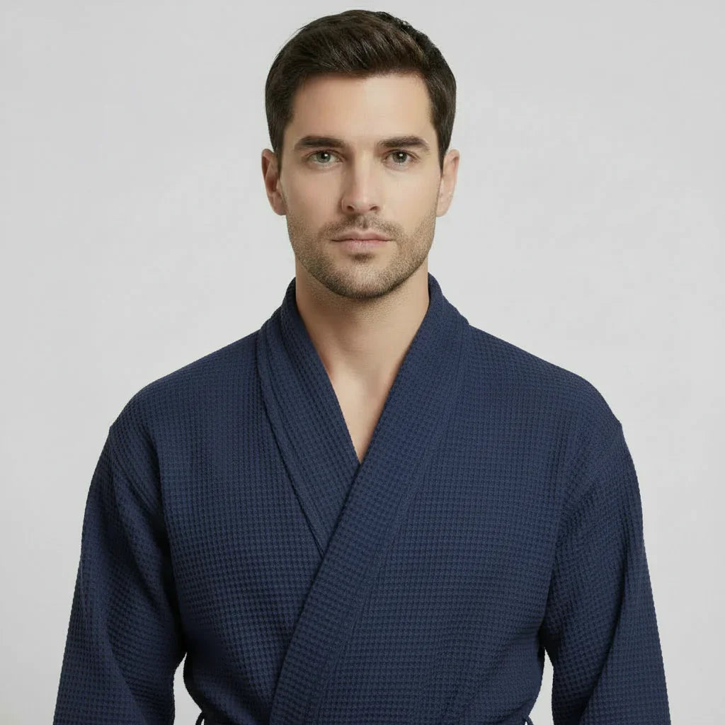 Lotus Linen Men's Lightweight Waffle Bathrobe – Kimono Collar