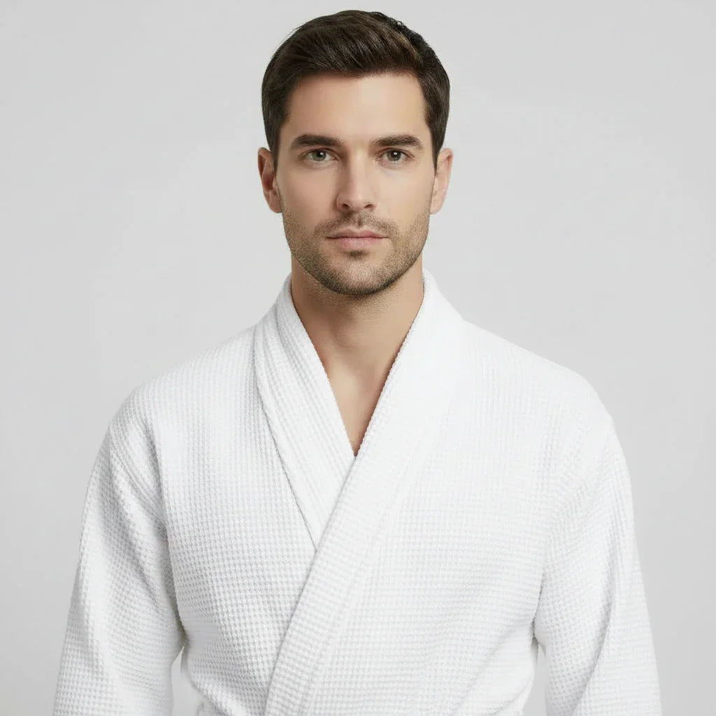 Lotus Linen Men's Lightweight Waffle Bathrobe – Kimono Collar