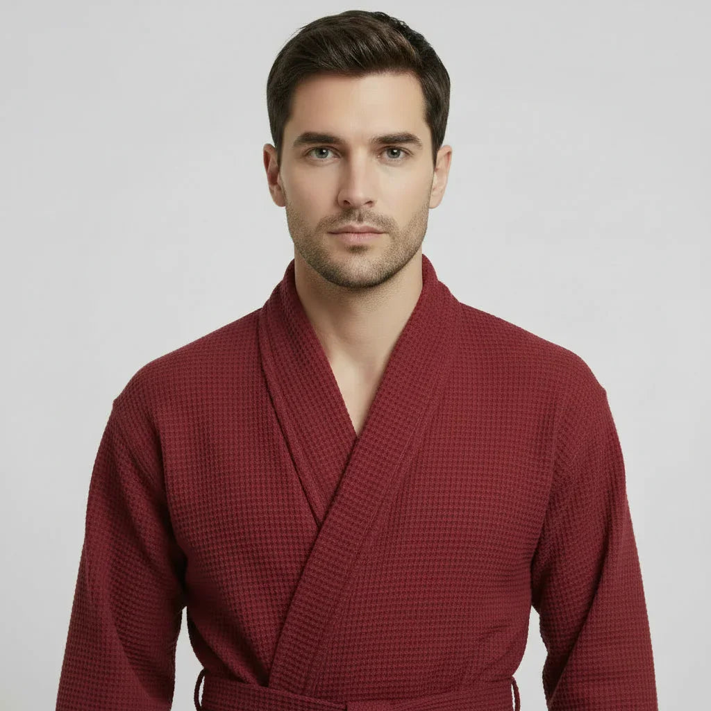 Lotus Linen Men's Lightweight Waffle Bathrobe – Kimono Collar
