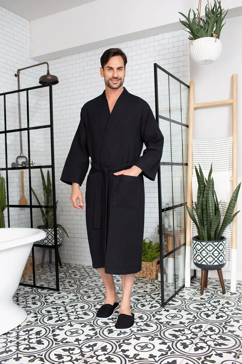 Lotus Linen Men's Lightweight Waffle Bathrobe – Kimono Collar