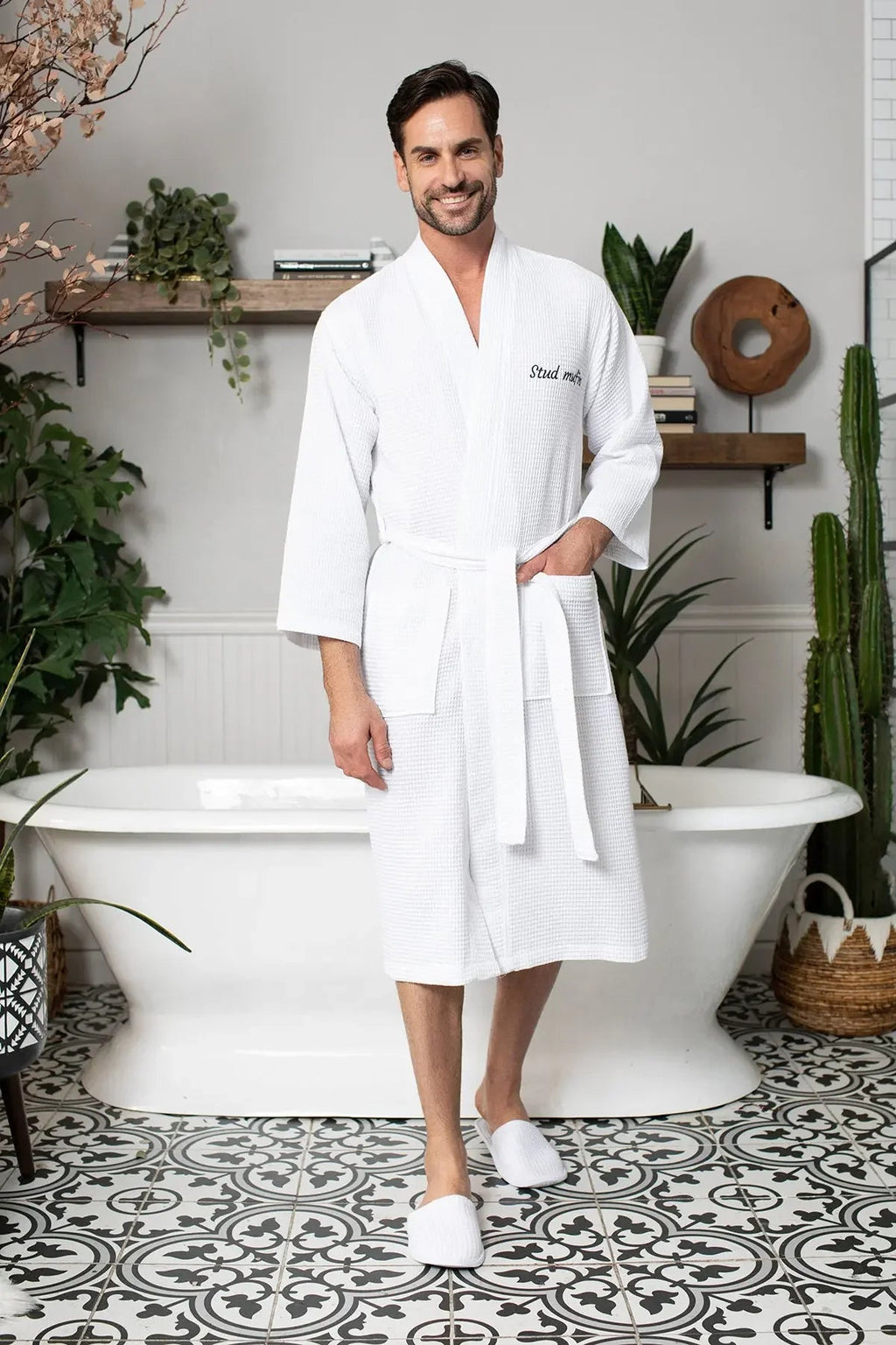 Lotus Linen Men's Lightweight Waffle Bathrobe – Kimono Collar