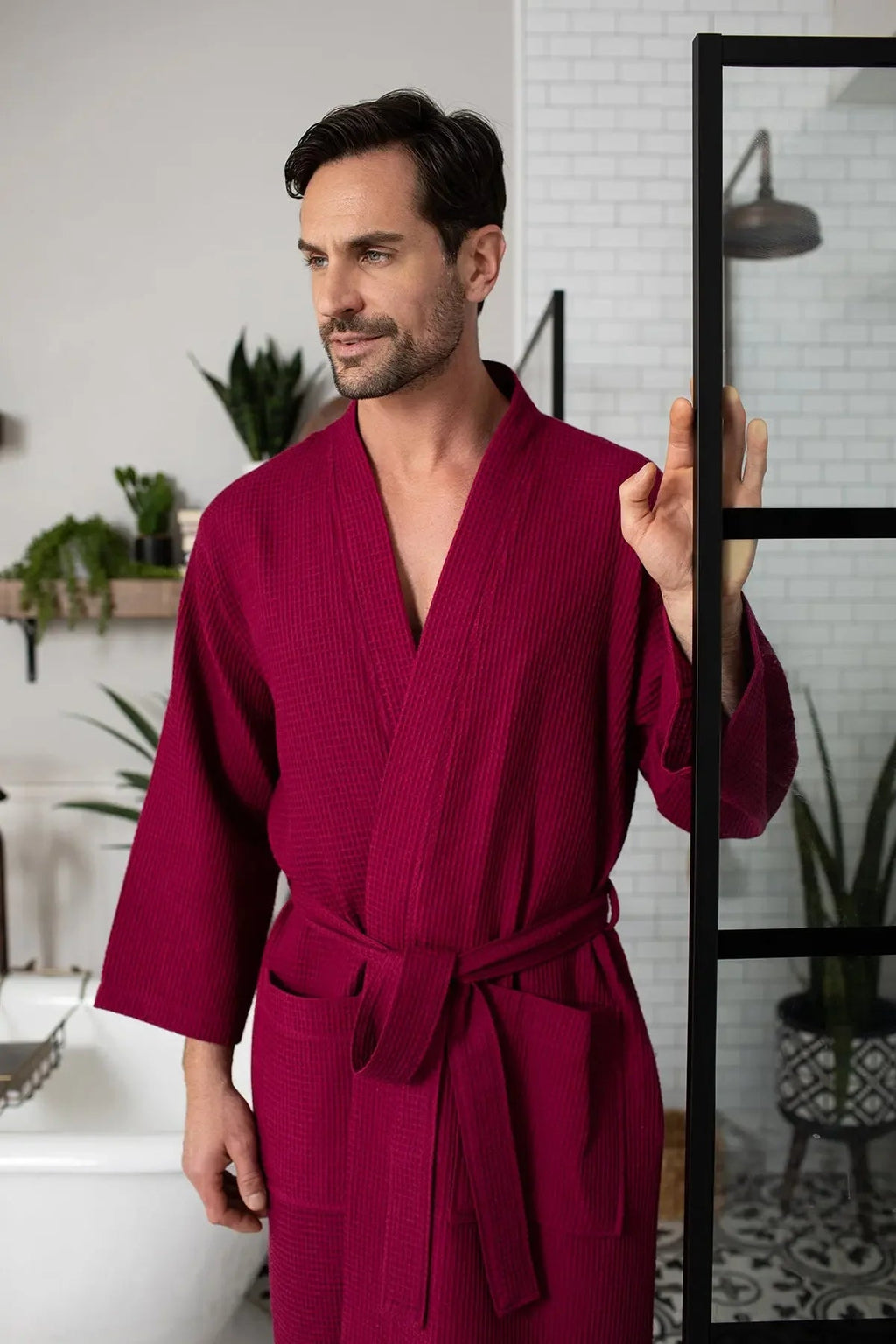 Lotus Linen Men's Lightweight Waffle Bathrobe – Kimono Collar