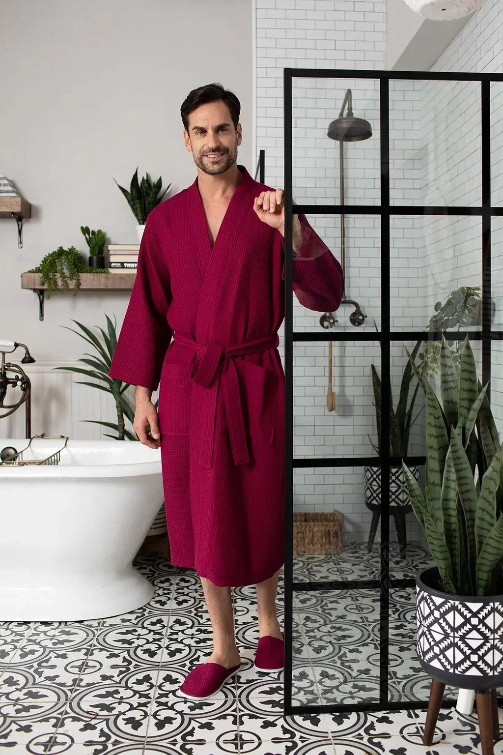 Lotus Linen Men's Lightweight Waffle Bathrobe – Kimono Collar