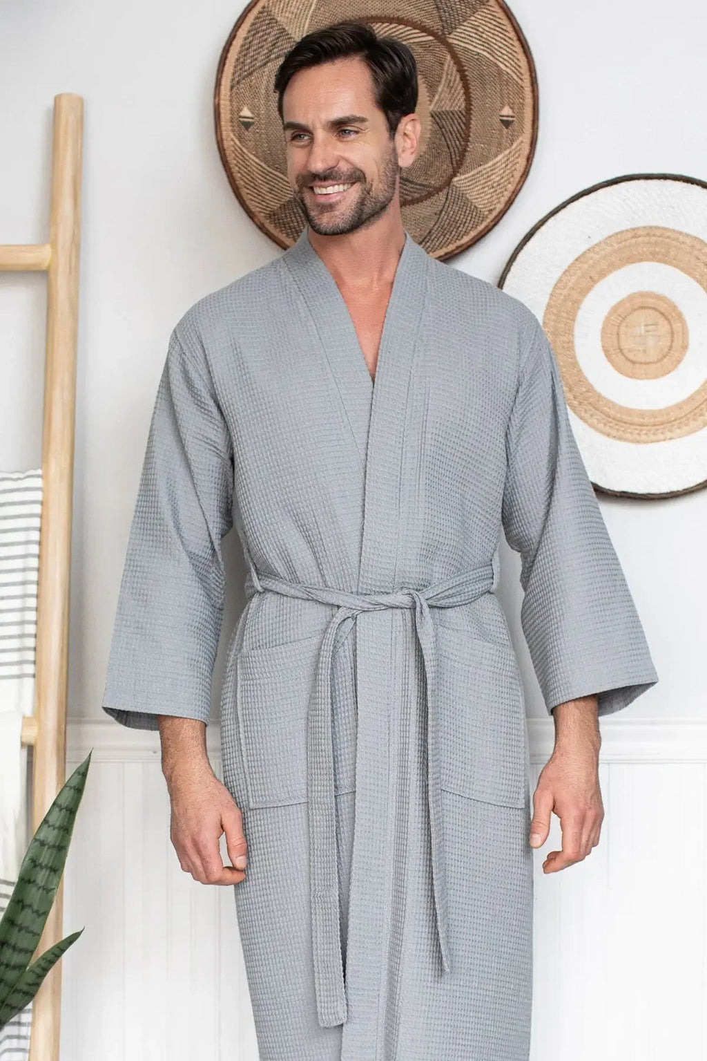 Lotus Linen Men's Lightweight Waffle Bathrobe – Kimono Collar