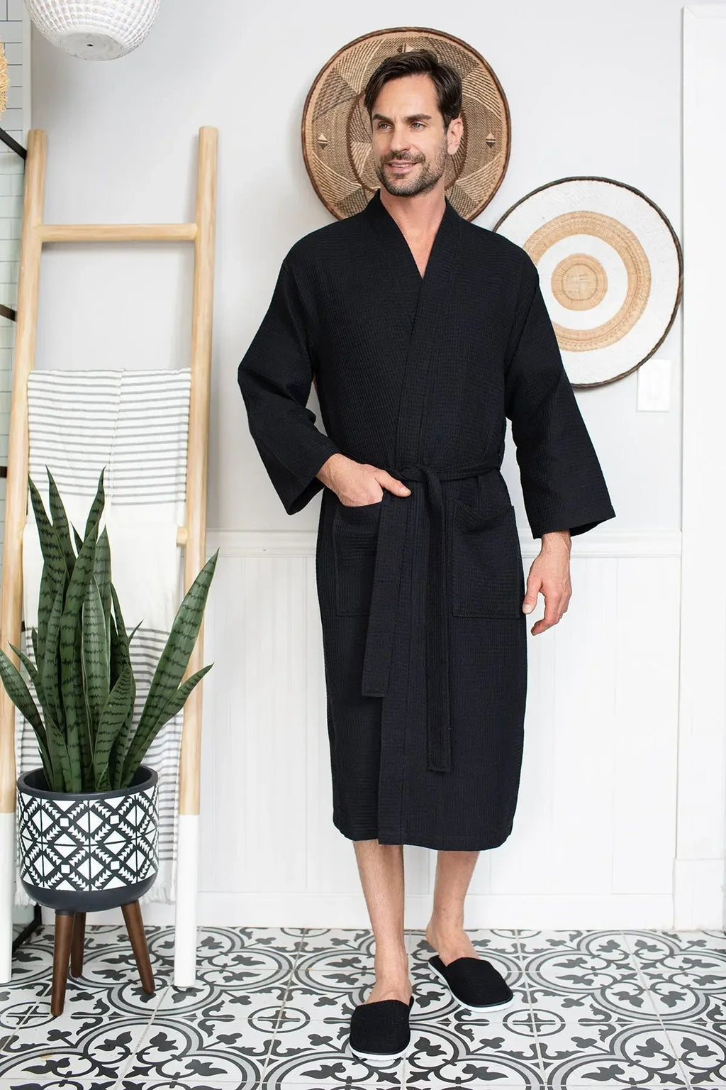 Lotus Linen Men's Lightweight Waffle Bathrobe – Kimono Collar