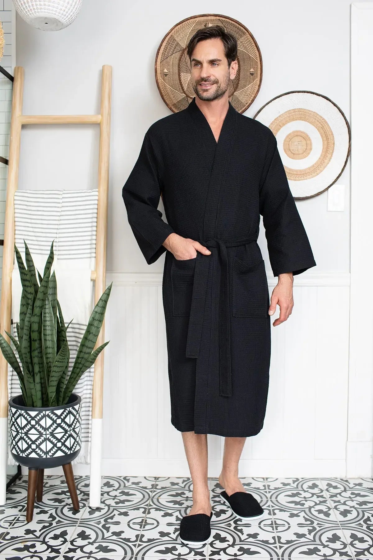 Lotus Linen Men's Lightweight Waffle Bathrobe – Kimono Collar