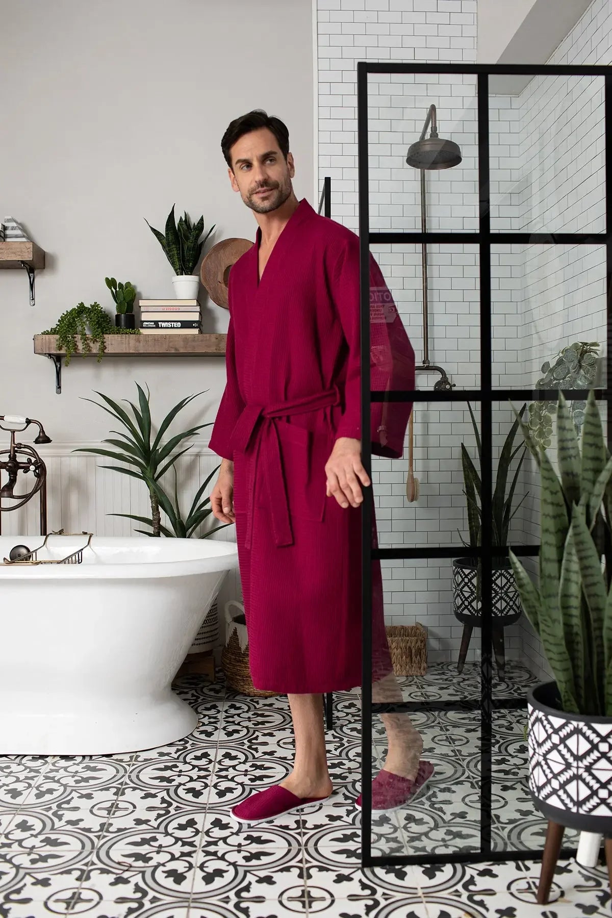 Lotus Linen Men's Lightweight Waffle Bathrobe – Kimono Collar