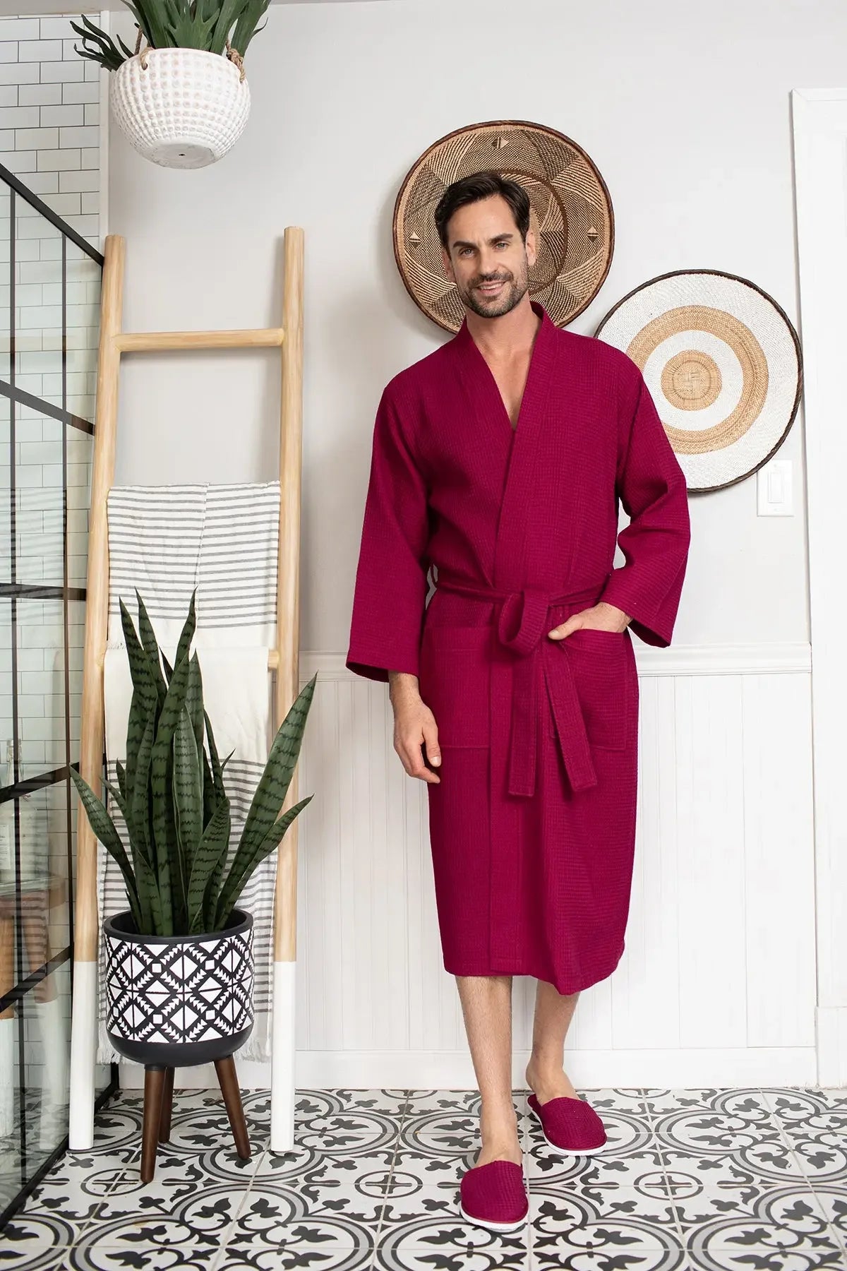 Lotus Linen Men's Lightweight Waffle Bathrobe – Kimono Collar