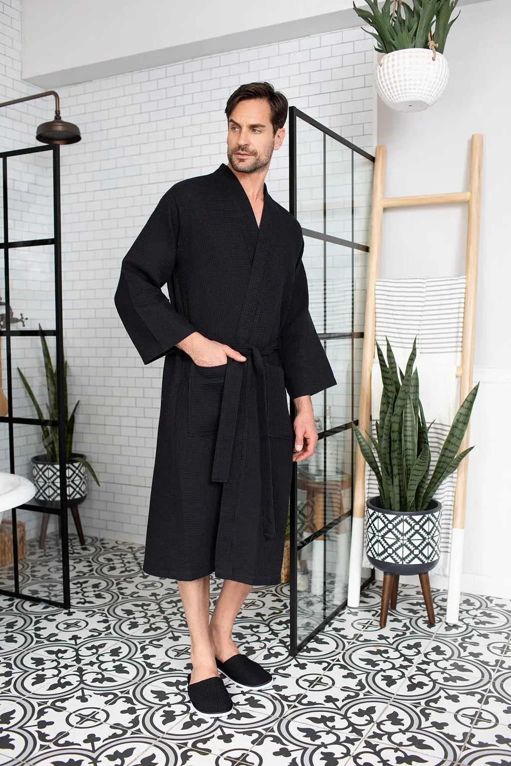 Lotus Linen Men's Lightweight Waffle Bathrobe – Kimono Collar