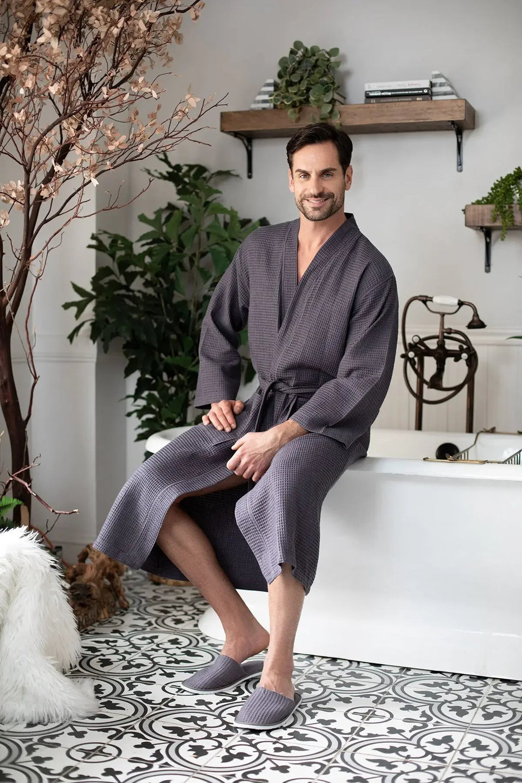 Lotus Linen Men's Lightweight Waffle Bathrobe – Kimono Collar