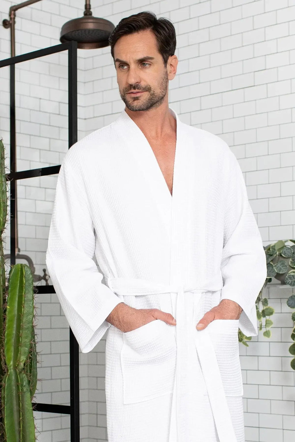 Lotus Linen Men's Lightweight Waffle Bathrobe – Kimono Collar